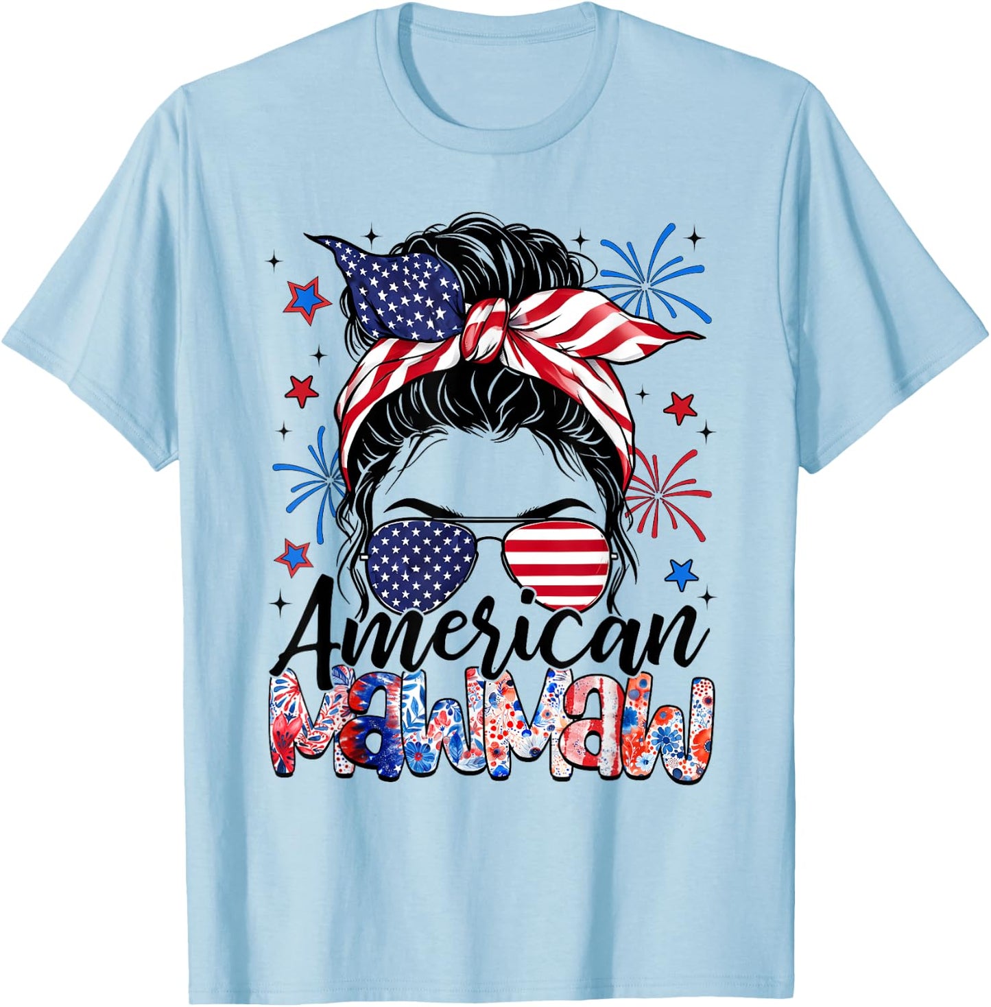 Mawmaw 4th Of July American Flag Patriotic Messy Bun T-Shirt - T-Shirt | Light Blue
