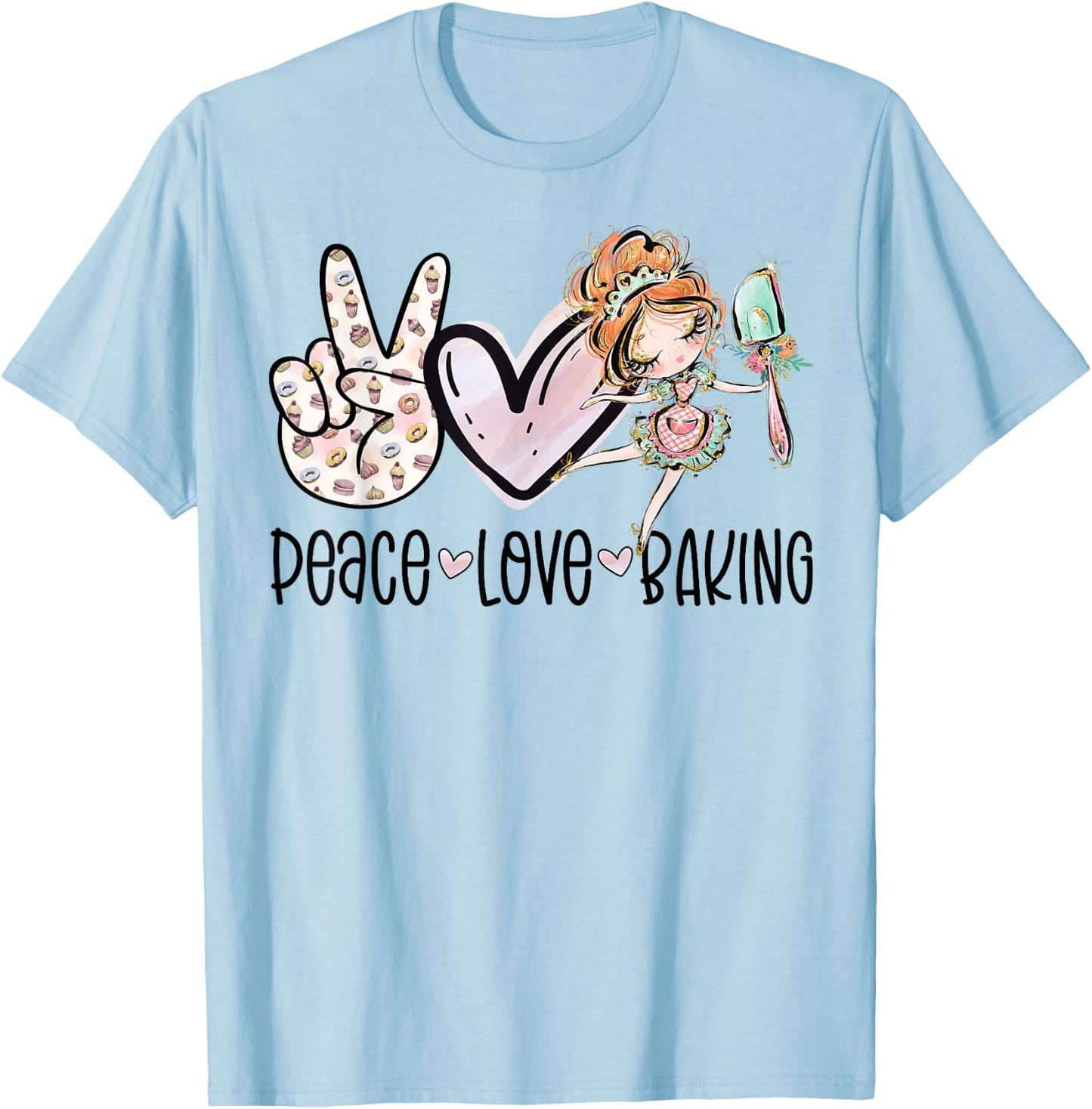 Peace Love Baking Cute Baker Girl Bakery Bake Funny Baking T-Shirt - T-Shirt | Light Blue
