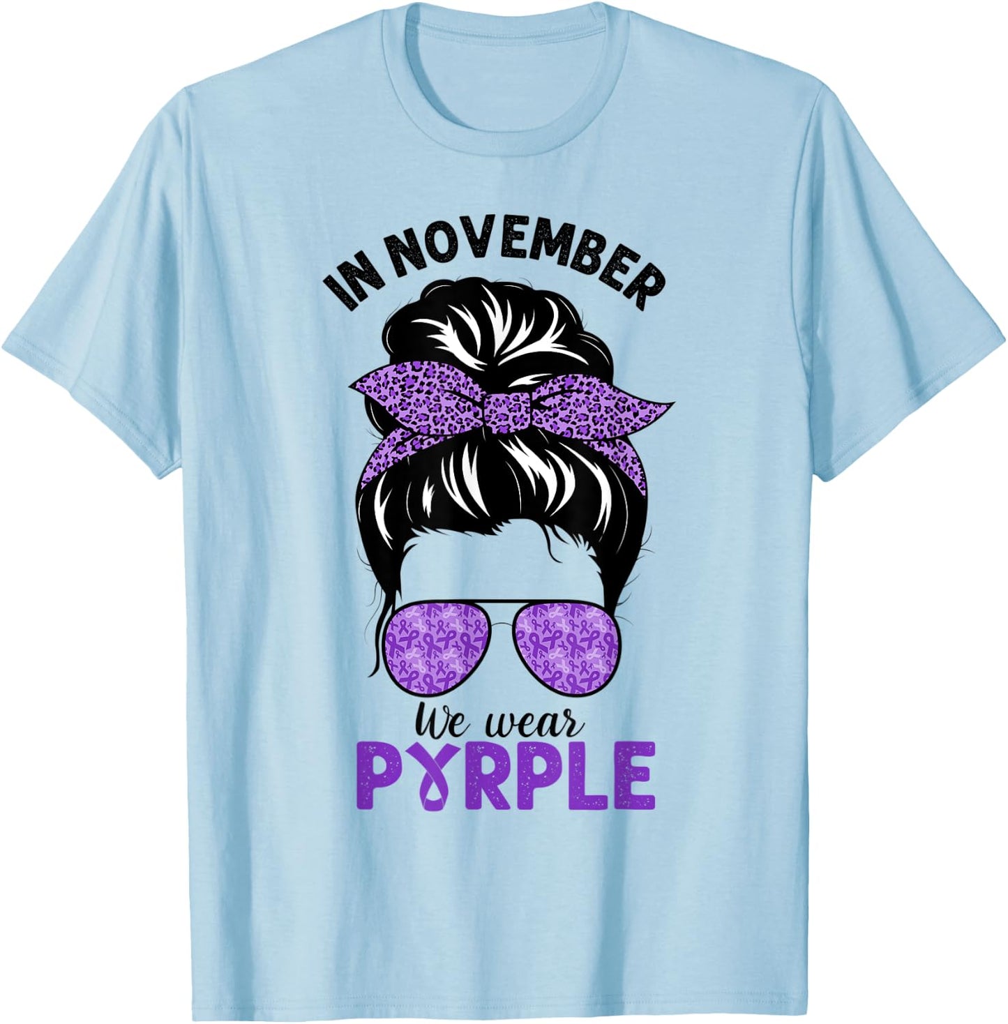 In November We Wear Purple Pancreatic Cancer Messy Bun T-Shirt - T-Shirt | Light Blue