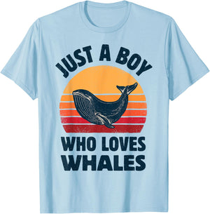 Whale Just A Boy Who Loves Sea Animals Retro Vintage Sunset T-Shirt - T-Shirt | Light Blue