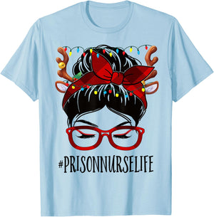 Prison Nurse Life Christmas Woman Messy Bun Buffalo Xmas T-Shirt - T-Shirt | Light Blue