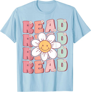 Groovy Book Reader Retro Cute Daisy Flower Book Lover T-Shirt - T-Shirt | Light Blue