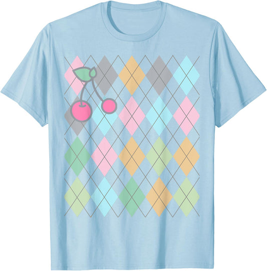 Soft Girl, Preppy Art, Preppy Aesthetic, Argyle, cherries T-Shirt - T-Shirt | Light Blue