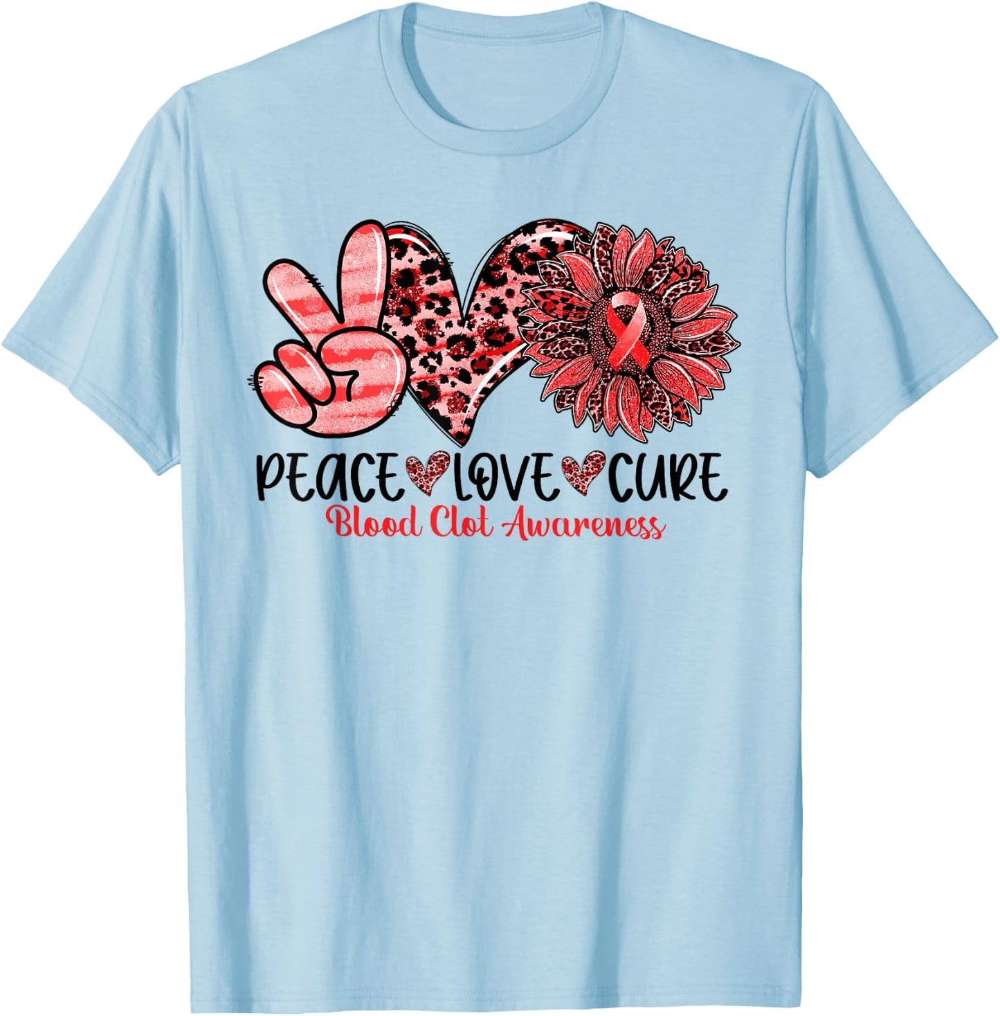 Peace Love Cure Sunflower Red Ribbon Blood Clot Awareness T-Shirt - T-Shirt | Light Blue