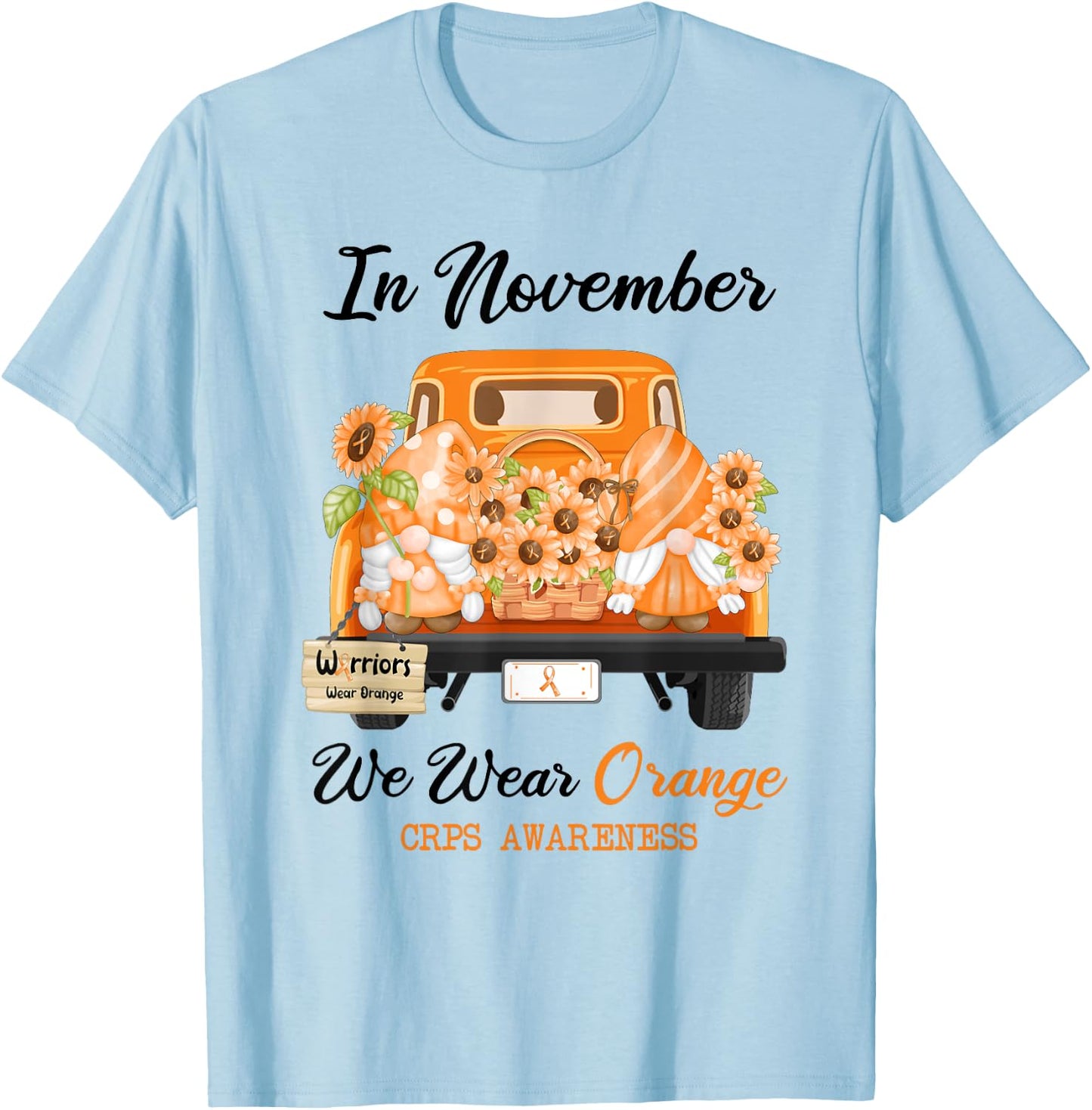 Gnome In November We Wear Orange Ribbon CRPS Awareness T-Shirt - T-Shirt | Light Blue