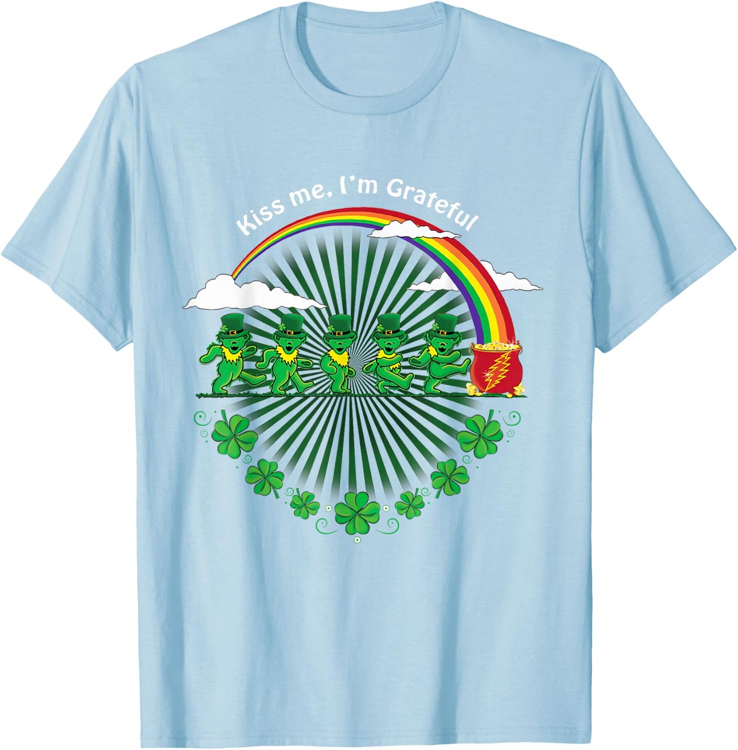 Kiss Me I'm Grateful Leprechauns Rainbow St Patricks Day T-Shirt - T-Shirt | Light Blue