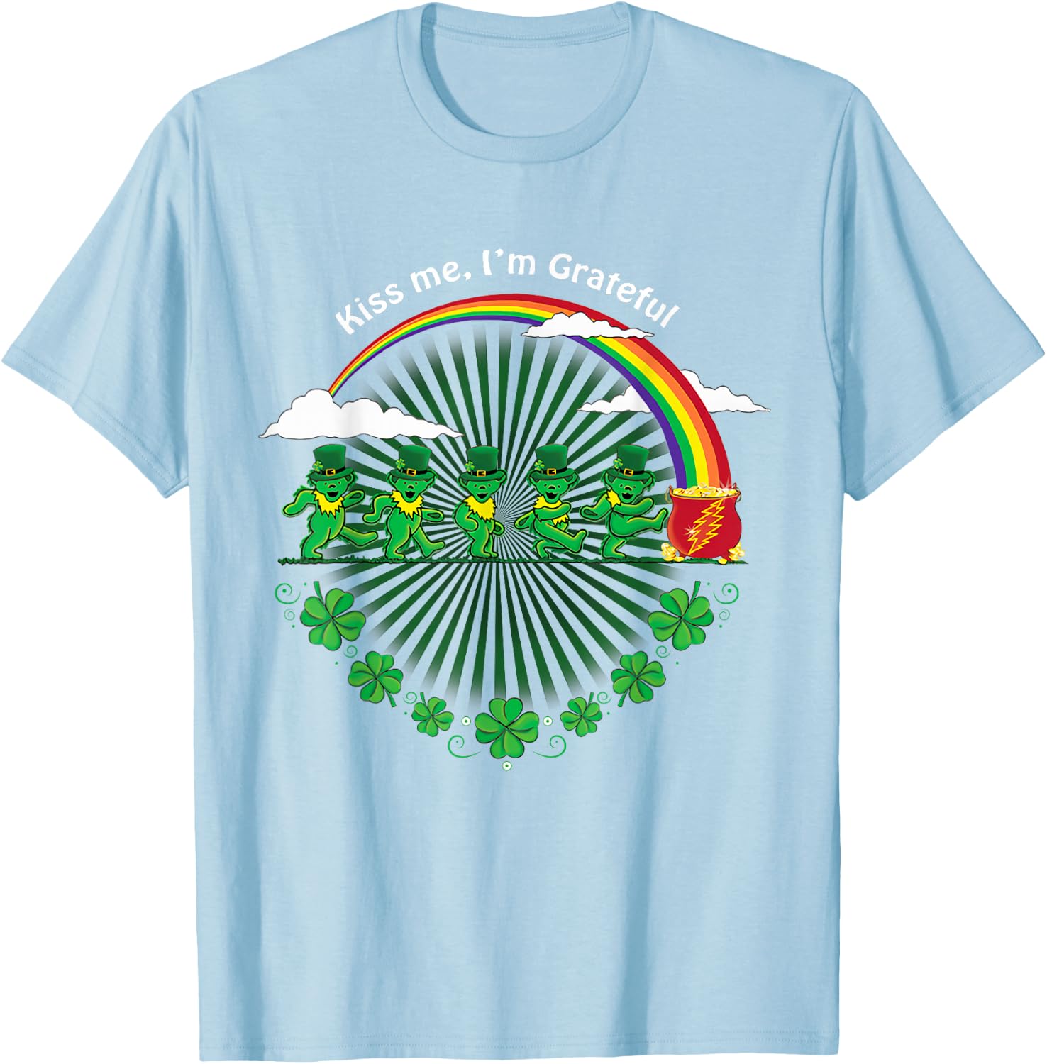 Kiss Me I'm Grateful Leprechauns Rainbow St Patricks Day T-Shirt - T-Shirt | Light Blue