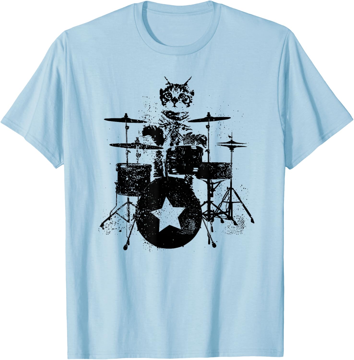 Punk Rockstar Kitten Kitty Cat Drummer Playing Drums Graphic Women Girls Kids T-Shirt - T-Shirt | Light Blue