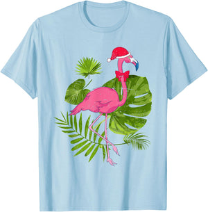Tropical Santa Hat Flamingo Hawaii Summer Christmas In July Men Women Kids T-Shirt - T-Shirt | Light Blue