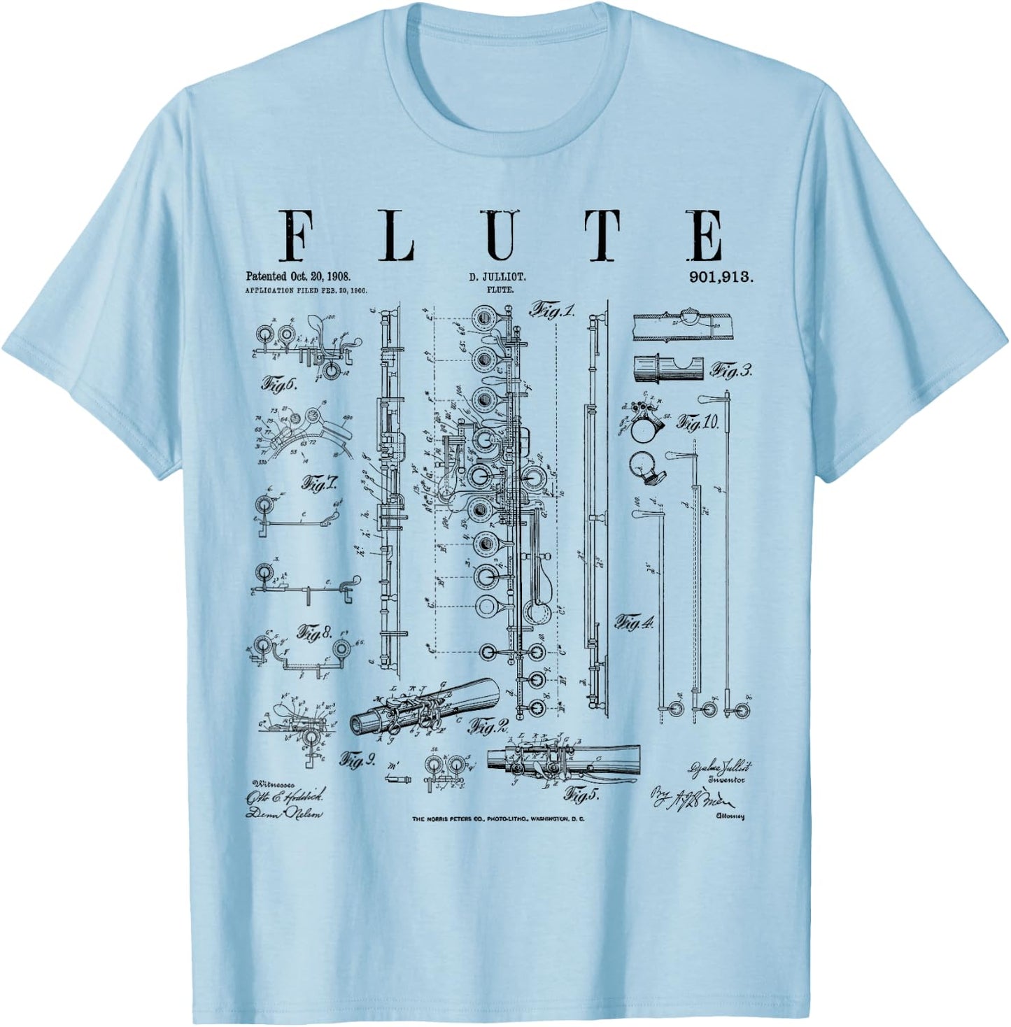 Grandio Design Vintage Patent Drawing Gifts Flute Vintage Patent Flutist Flautist Drawing Print T-Shirt - T-Shirt | Light Blue
