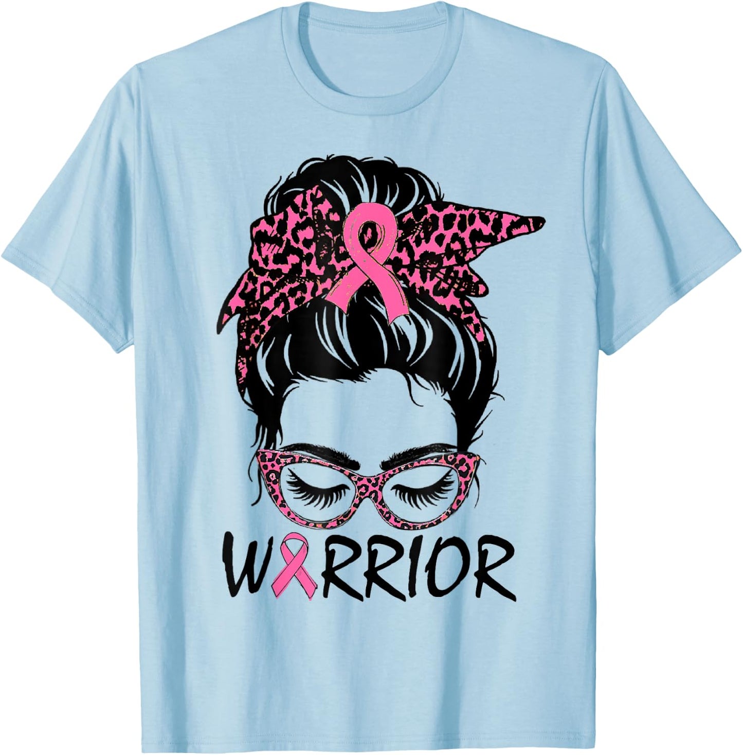 Messy Bun Breast Cancer Shirt Wear Pink Warrior T-Shirt - T-Shirt | Light Blue
