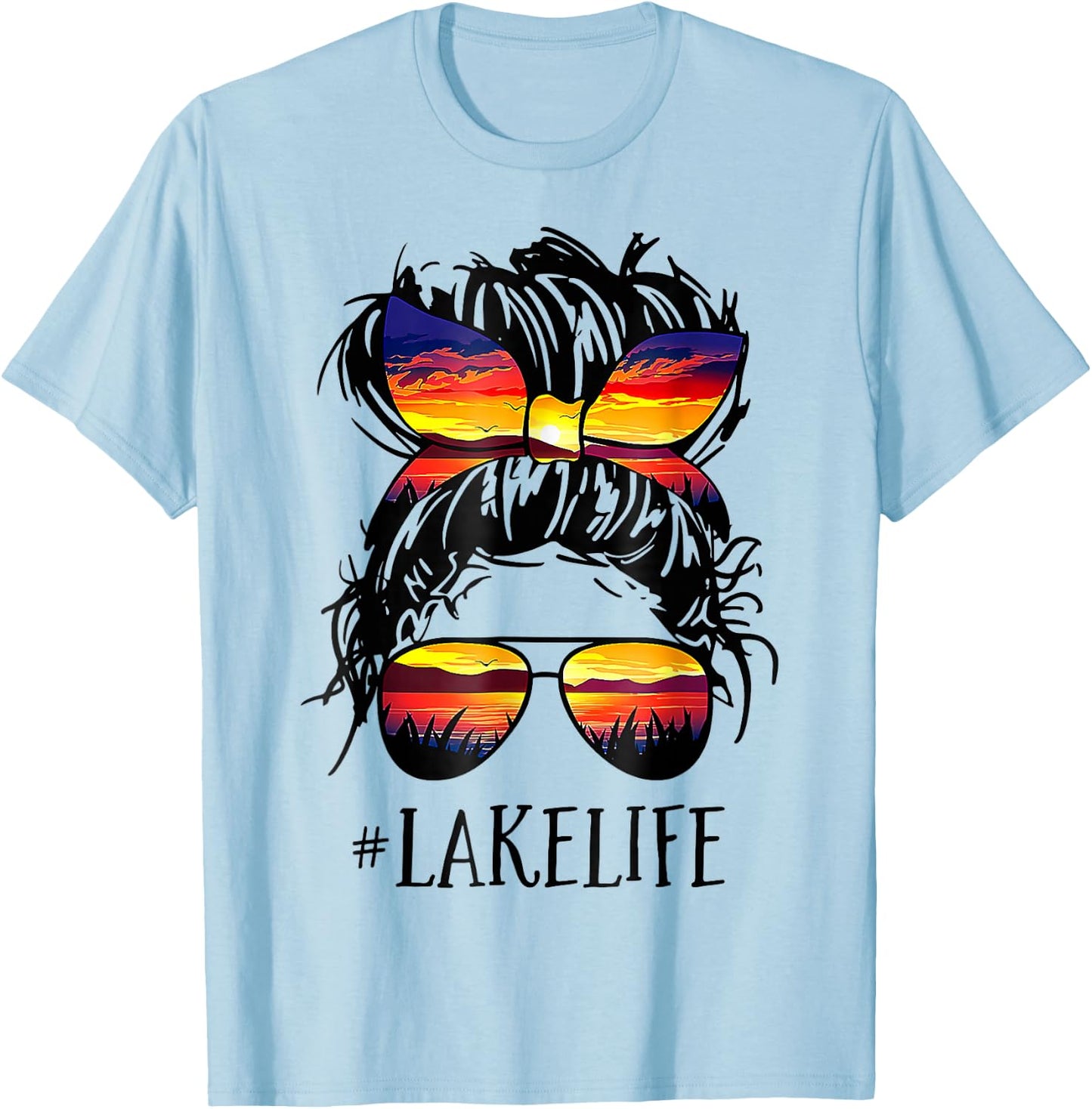 Lake Life Messy Bun Hair Girl Retro Lake Summer T-Shirt - T-Shirt | Light Blue
