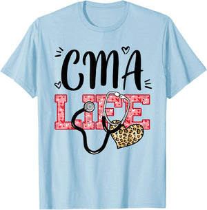 Funny Nurse CMA Life Leopard Stethoscope Valentines Day T-Shirt - T-Shirt | Light Blue