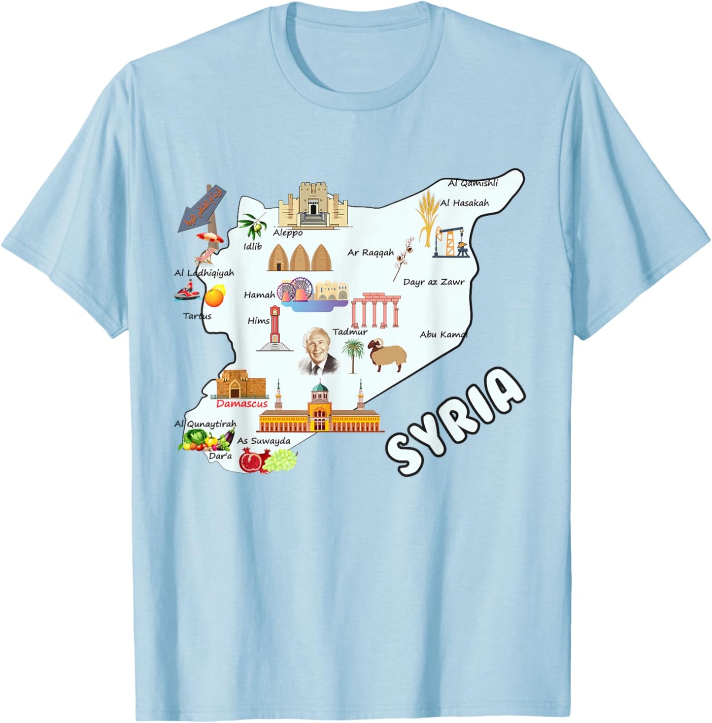Syria map cities syrian national symbols T-Shirt - T-Shirt | Light Blue