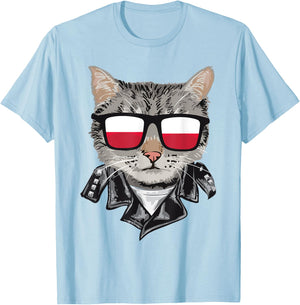Cat Poland Flag Sunglasses - Cool Polish Cat T-Shirt - T-Shirt | Light Blue