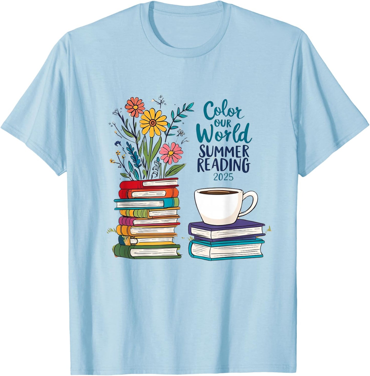 Color Our World Summer Reading 2025 Boho Wildflower Book T-Shirt - T-Shirt | Light Blue
