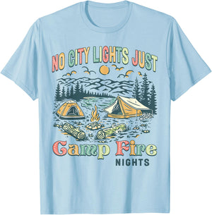 No City Lights Just Camp Fire Nights Women Men Retro Camping T-Shirt - T-Shirt | Light Blue