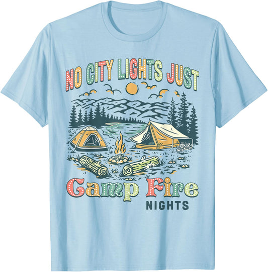 No City Lights Just Camp Fire Nights Women Men Retro Camping T-Shirt - T-Shirt | Light Blue