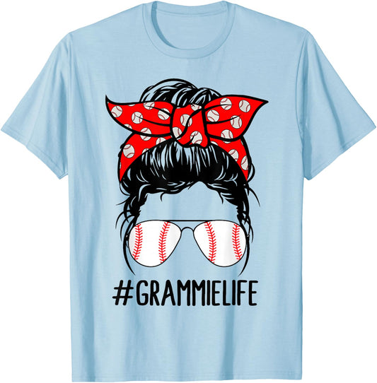 Grammie Life Baseball Softball Women Mothers Day Messy Bun T-Shirt - T-Shirt | Light Blue