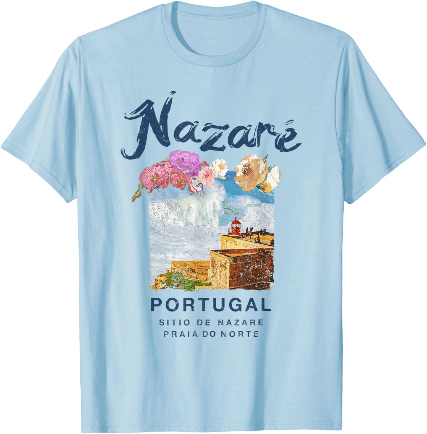 Nazare Portugal Praia do Norte Vintage Surfing T-Shirt - T-Shirt | Light Blue