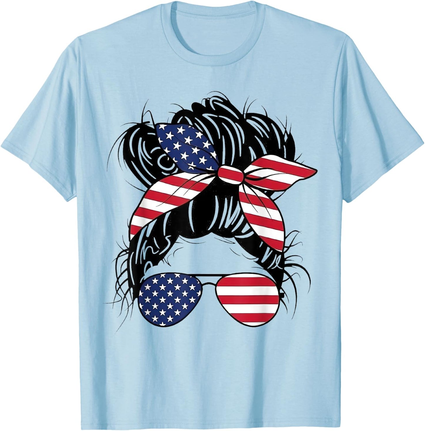 Messy Bun USA Flag Glasses American Flag American Girl T-Shirt - T-Shirt | Light Blue