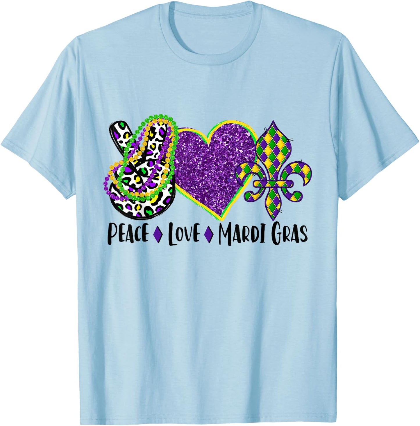Peace Sign Heart Fleur De Lys Hippie Peace Love Mardi Gras T-Shirt - T-Shirt | Light Blue