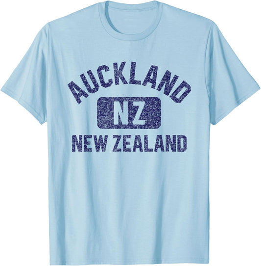 Auckland New Zealand Gym Style Distressed Dark Blue Print T-Shirt - T-Shirt | Light Blue