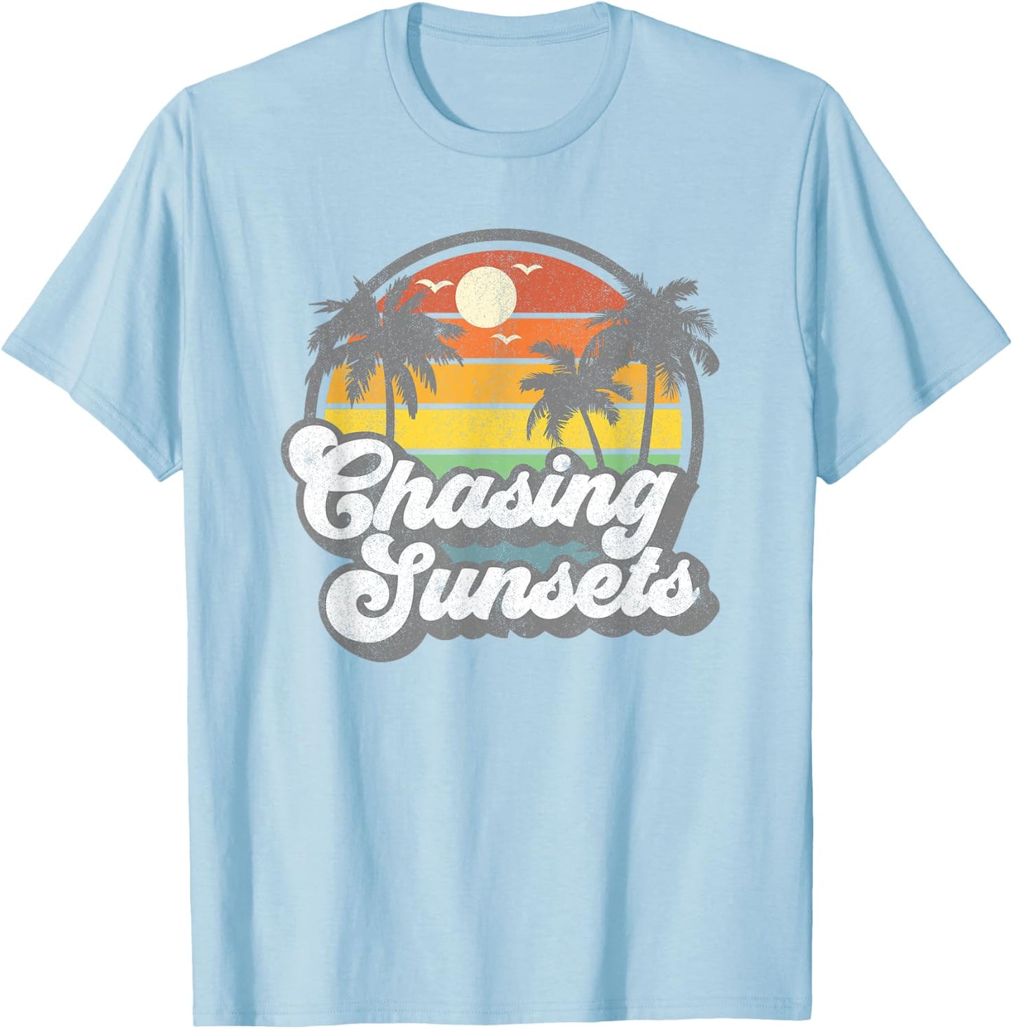 Vintage Chasing Sunsets Beach Summer Retro Sunset 70's Gift T-Shirt - T-Shirt | Light Blue