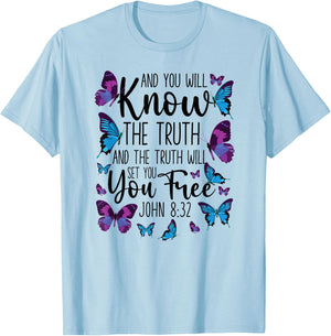 Christian Bible Verse Quote Butterfly John 8:32 T-Shirt - T-Shirt | Light Blue
