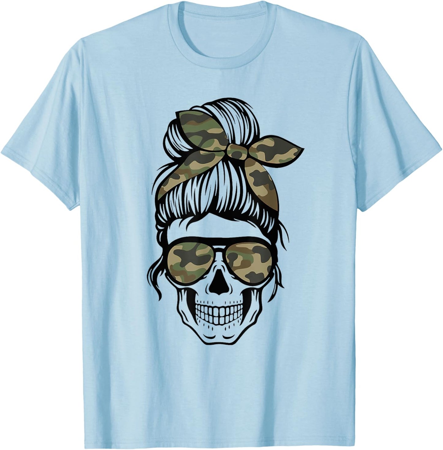 Camo Mom Skull Messy Bun Skull Mom Life Camo Patriotic Men T-Shirt - T-Shirt | Light Blue