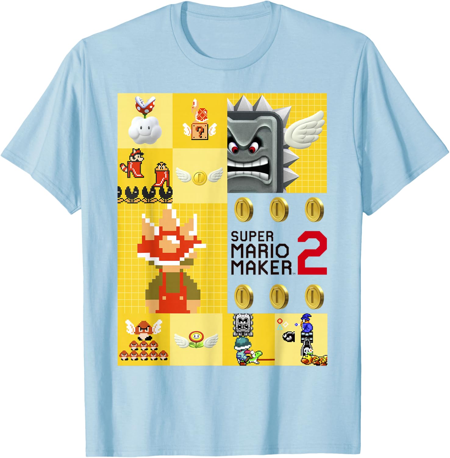 Super Mario Maker 2 Character Gameplay Panel Logo T-Shirt - T-Shirt | Light Blue
