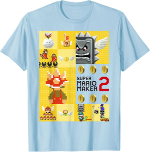 Super Mario Maker 2 Character Gameplay Panel Logo T-Shirt - T-Shirt | Light Blue