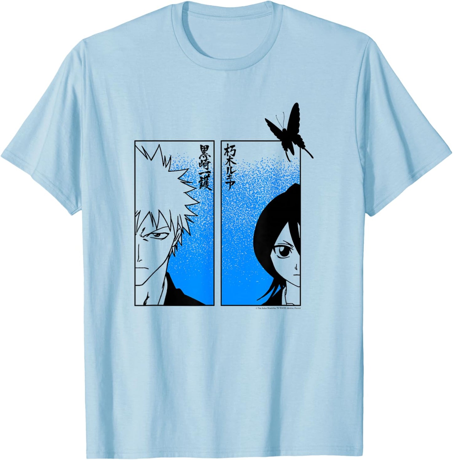 Bleach Ichigo & Rukia Half Faces with Jigokucho Anime T-Shirt - T-Shirt | Light Blue