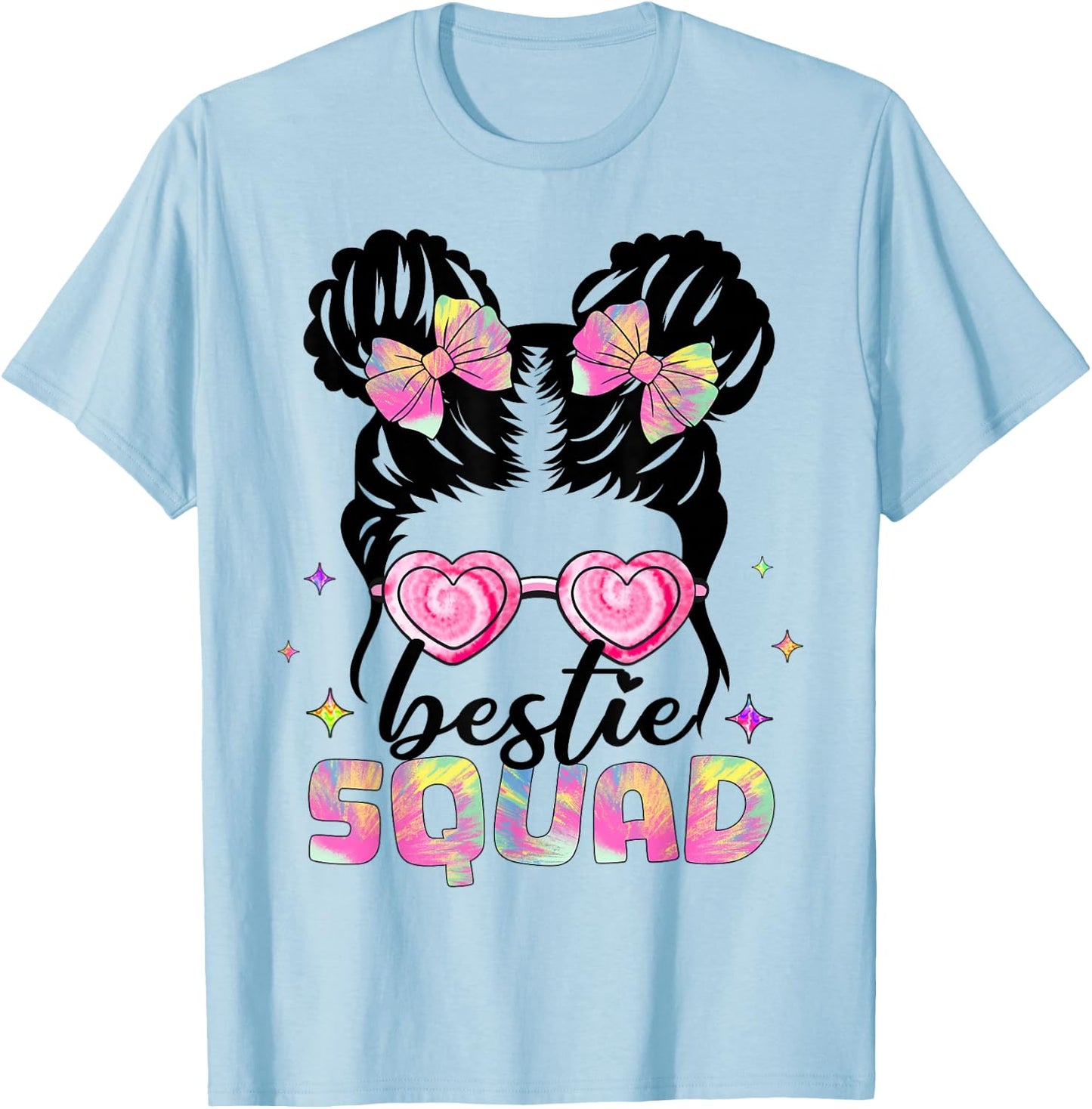 Bestie Squad Girls Kids Teens Messy Bun Best Friends Tie Dye T-Shirt - T-Shirt | Light Blue