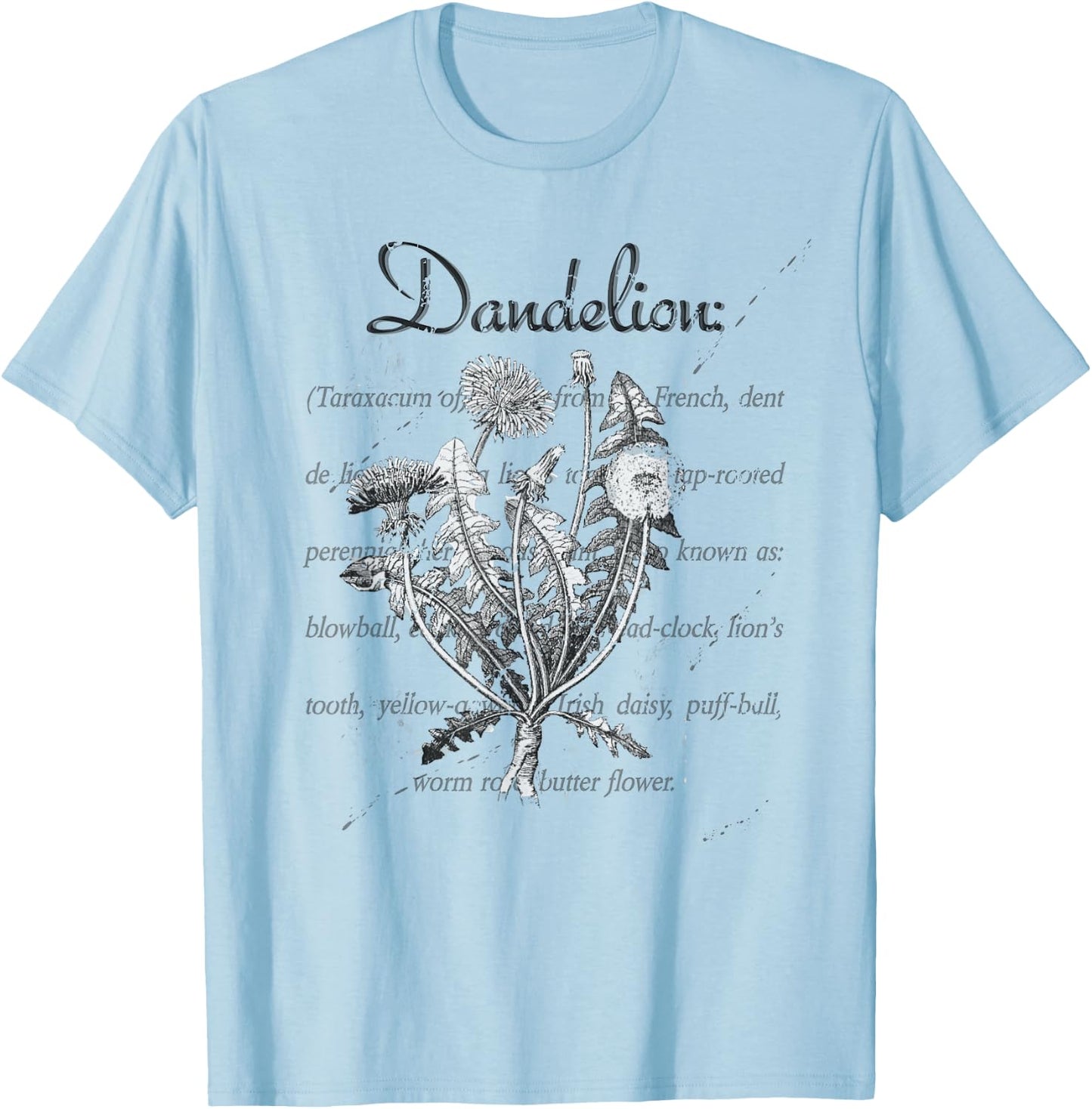 Dandelion Vintage Botanical Illustration with Definition T-Shirt - T-Shirt | Light Blue