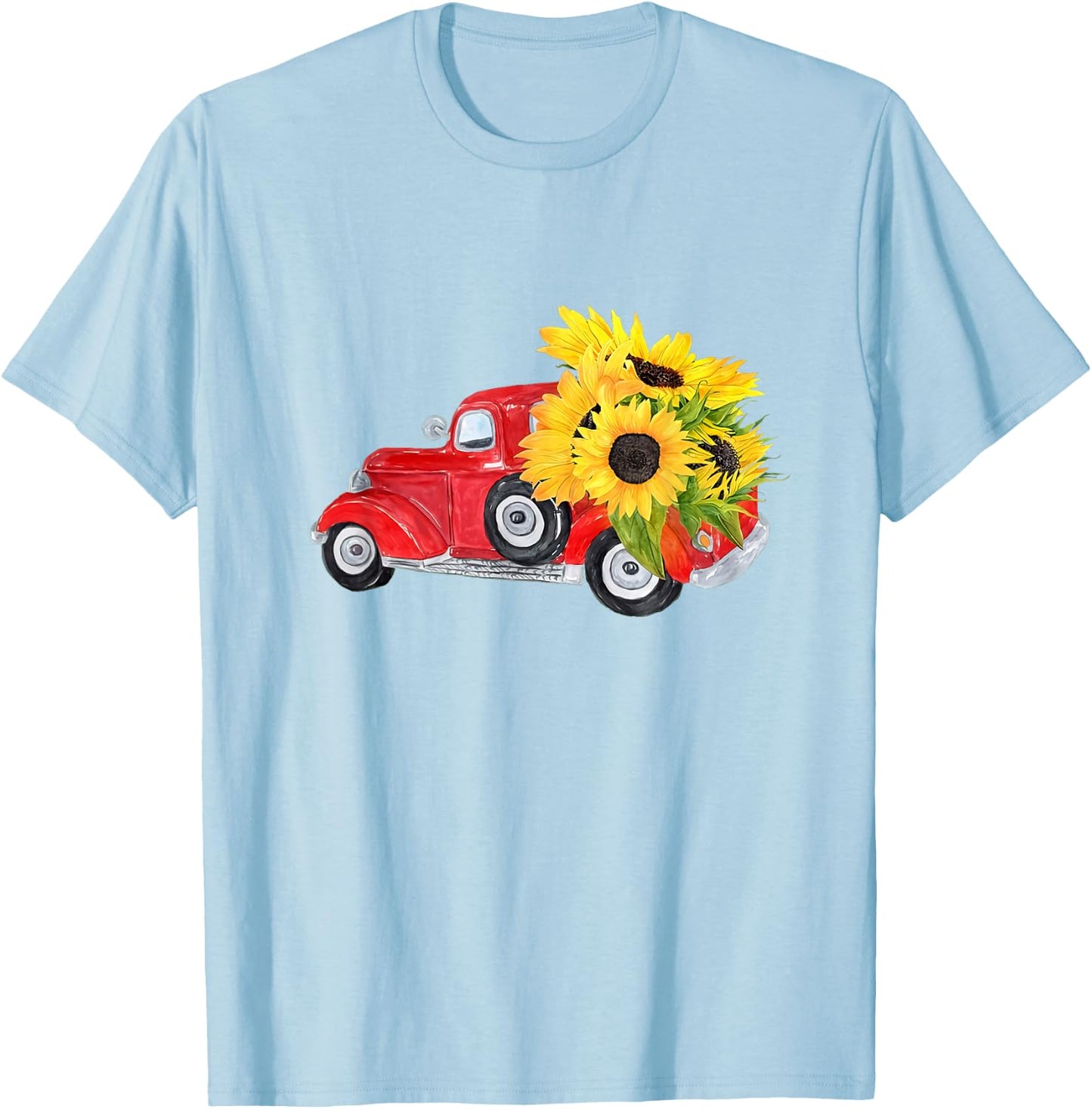 Hello Fall Red Truck With Sunflowers Autumn Season Greeting T-Shirt - T-Shirt | Light Blue
