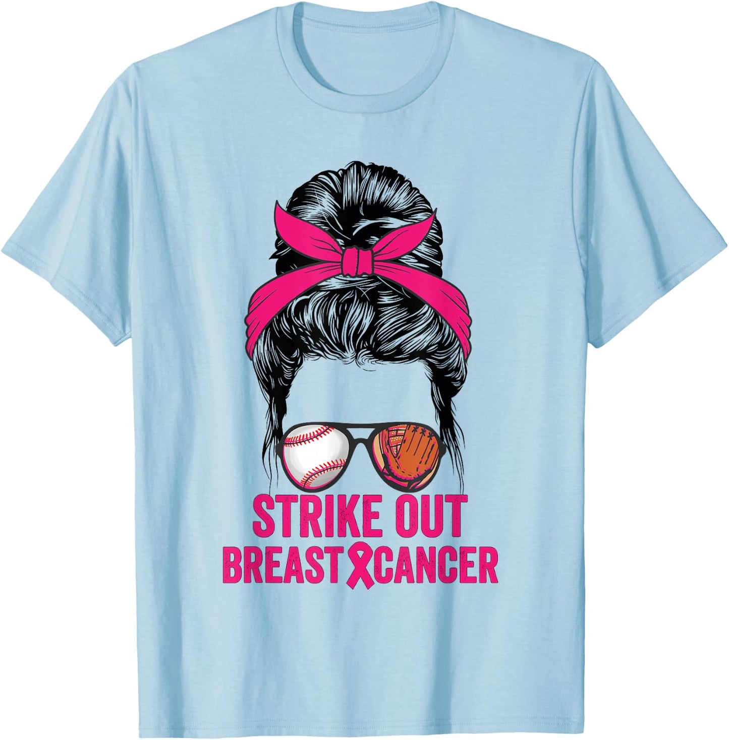 Strike Out Breast Cancer Awareness Messy Bun Baseball T-Shirt - T-Shirt | Light Blue