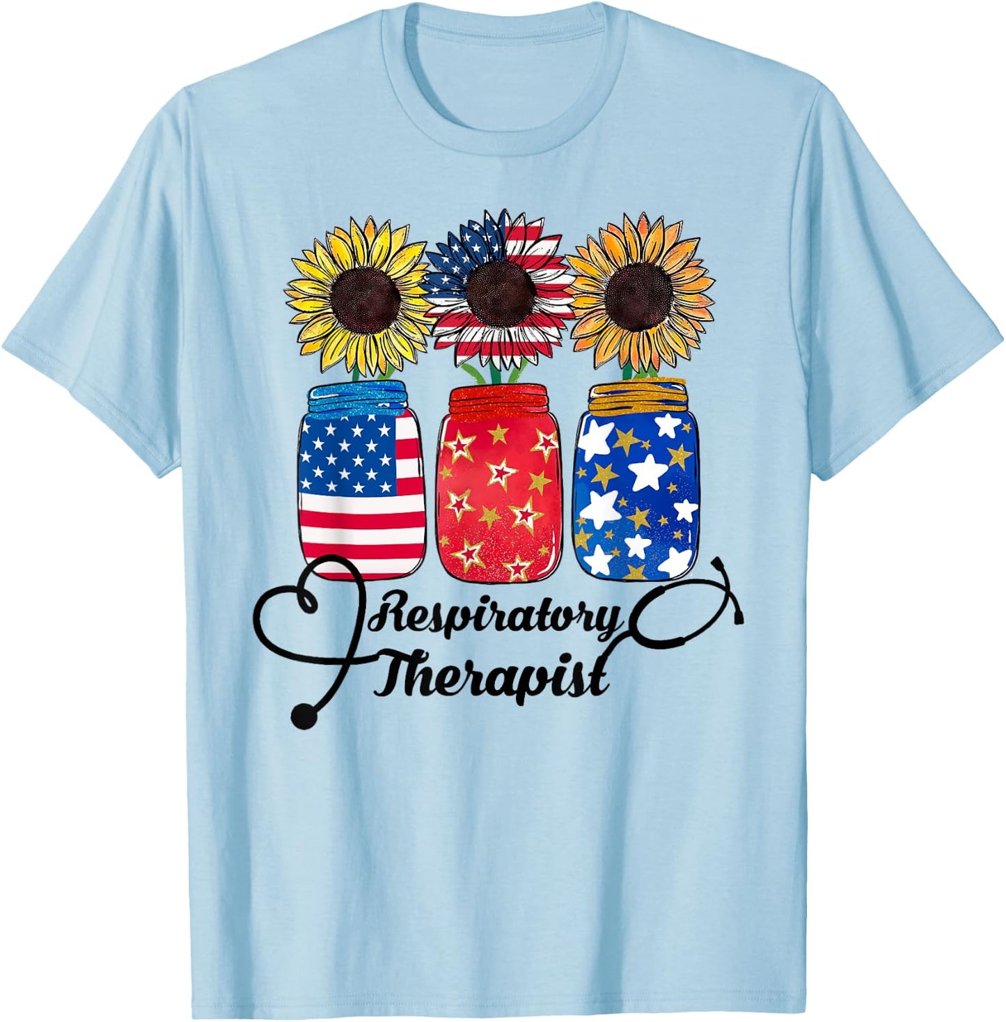 Patriotic USA Respiratory Therapist 4th Of July Sunflower T-Shirt - T-Shirt | Light Blue