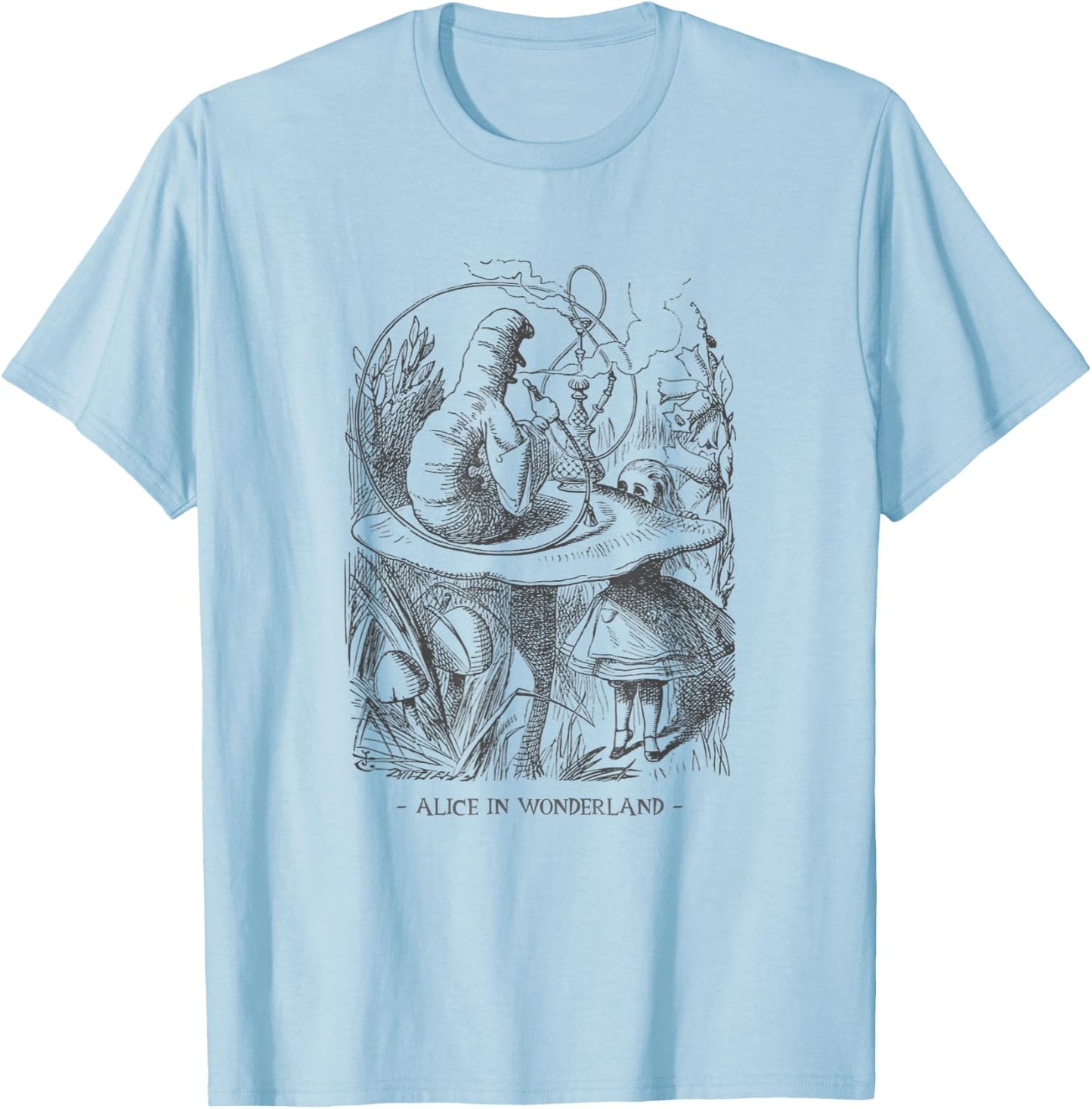 Alice In Wonderland - with Caterpillar Absolem on Mushroom T-Shirt - T-Shirt | Light Blue