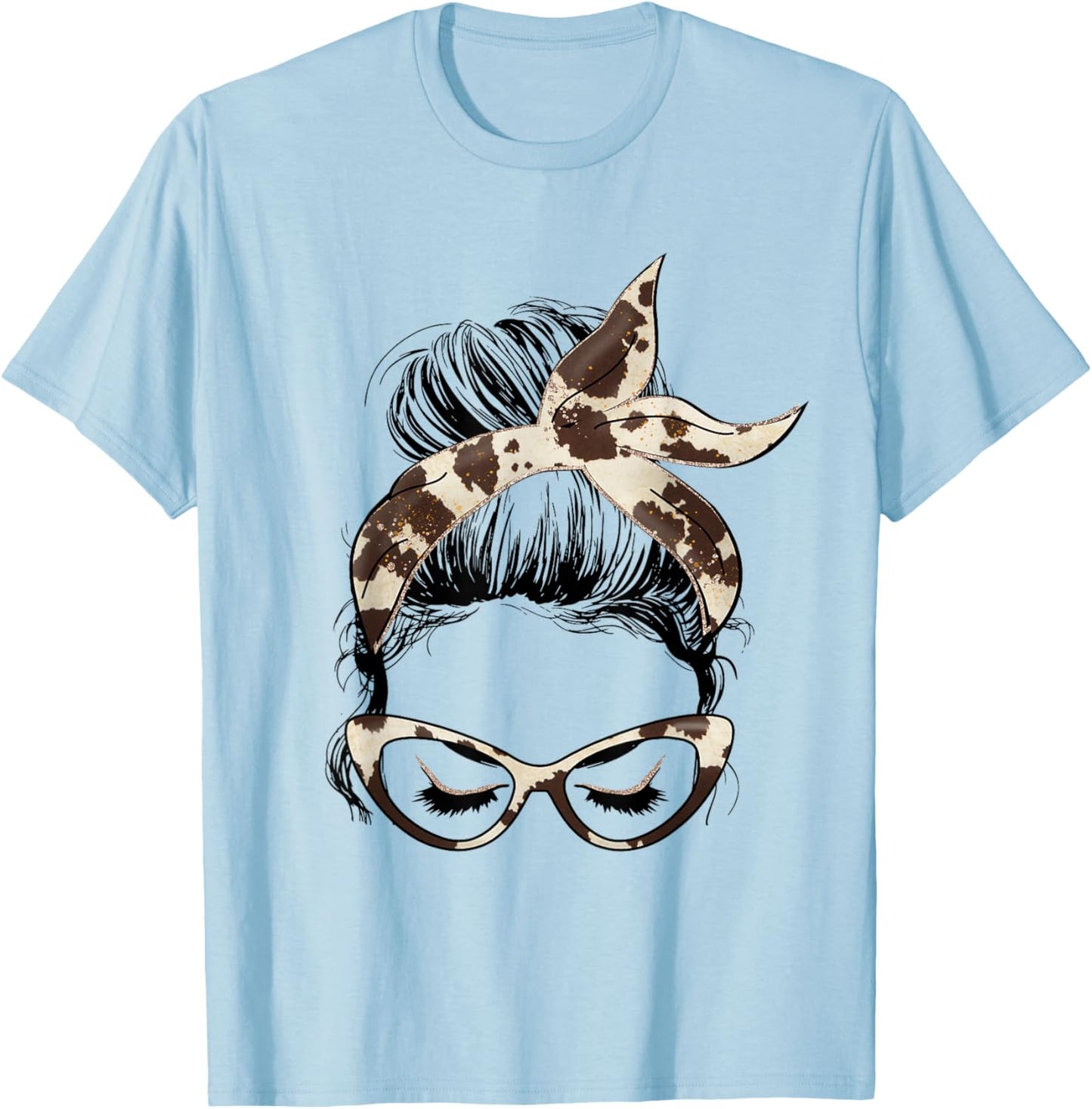 Mom Life Messy Bun Hair Bandana Cow Hide Print T-Shirt - T-Shirt | Light Blue