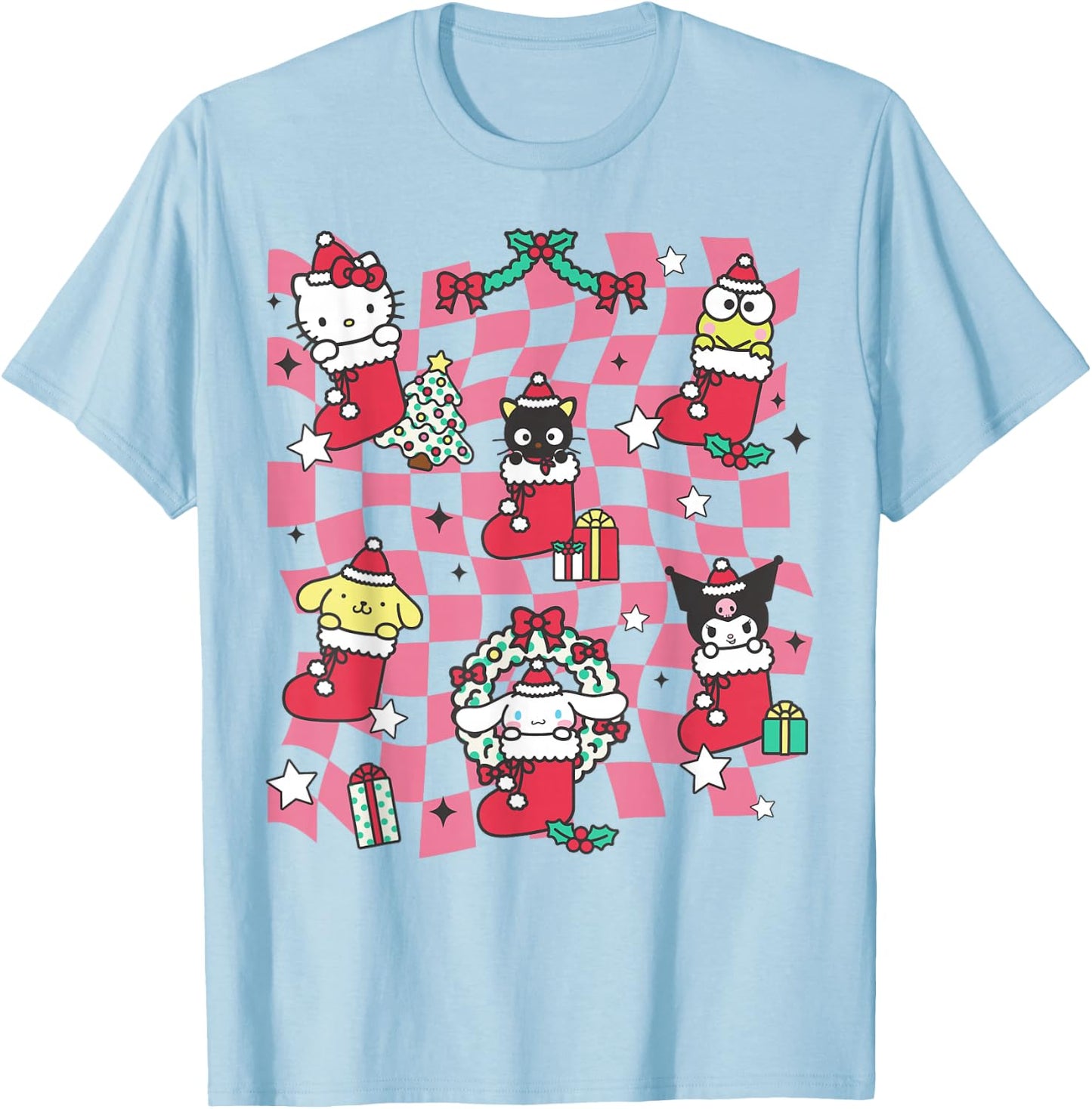 Hello Kitty and Friends Christmas Holiday Stockings Collage T-Shirt - T-Shirt | Light Blue
