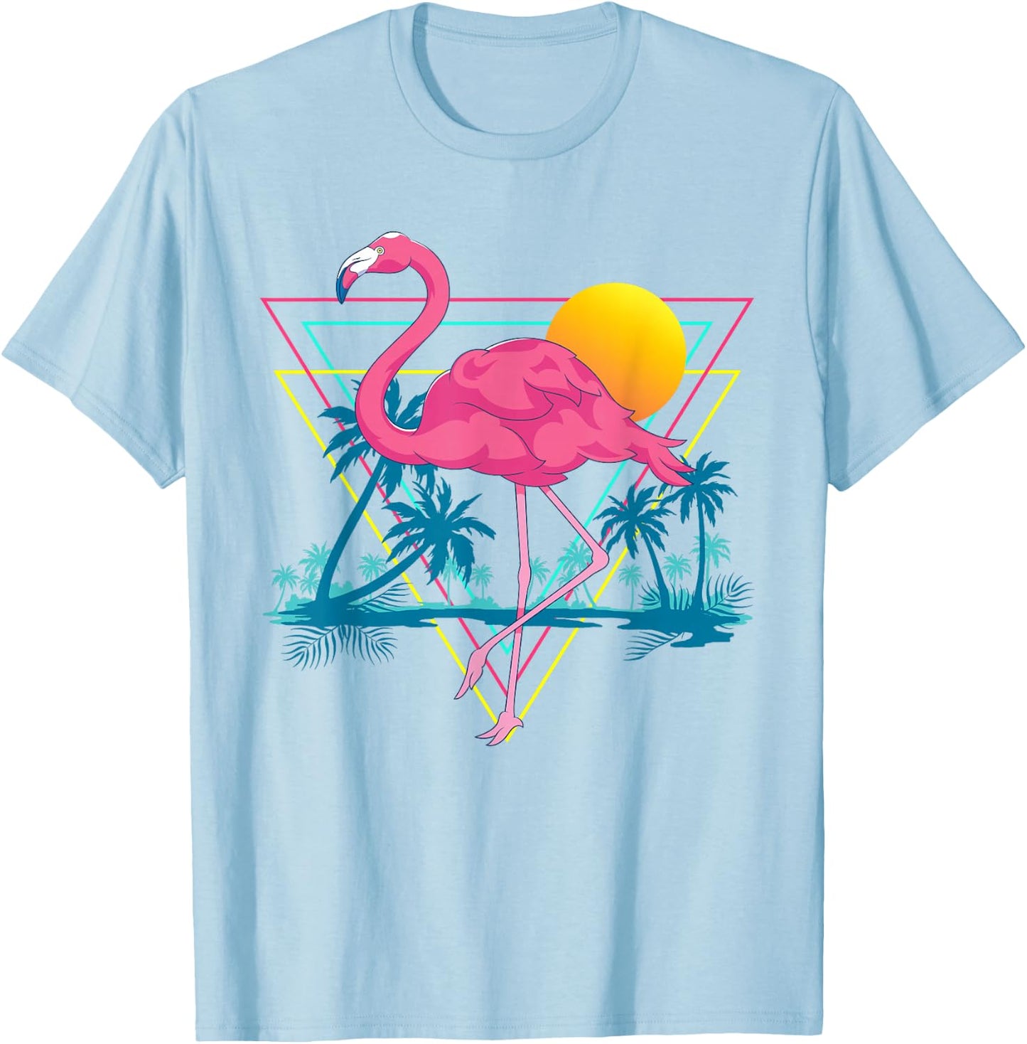 Pink Flamingo Beach Summer Vibes Palm Trees Tropical Summer T-Shirt - T-Shirt | Light Blue