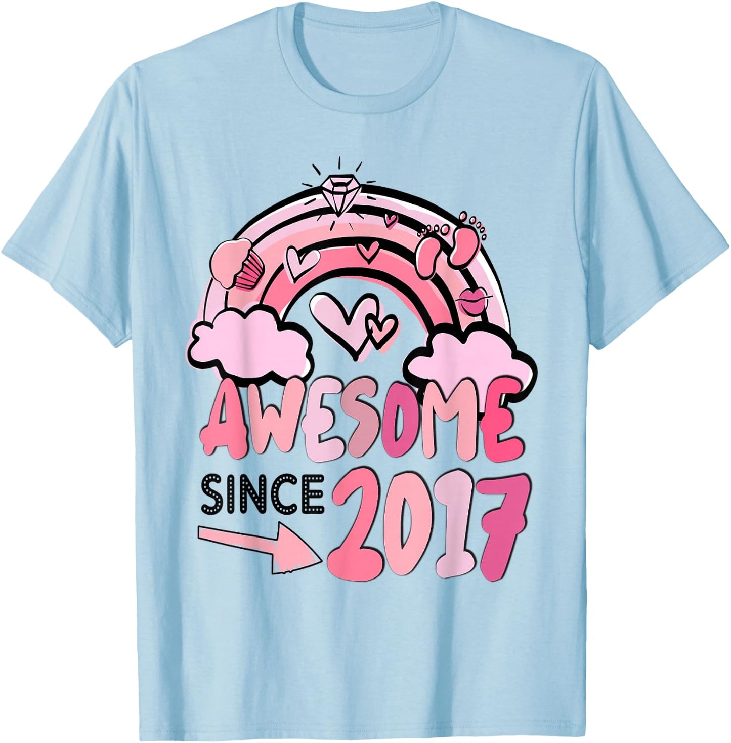 Cute Pink Rainbow Awesome Since 2017 Girl's Birthday T-Shirt - T-Shirt | Light Blue