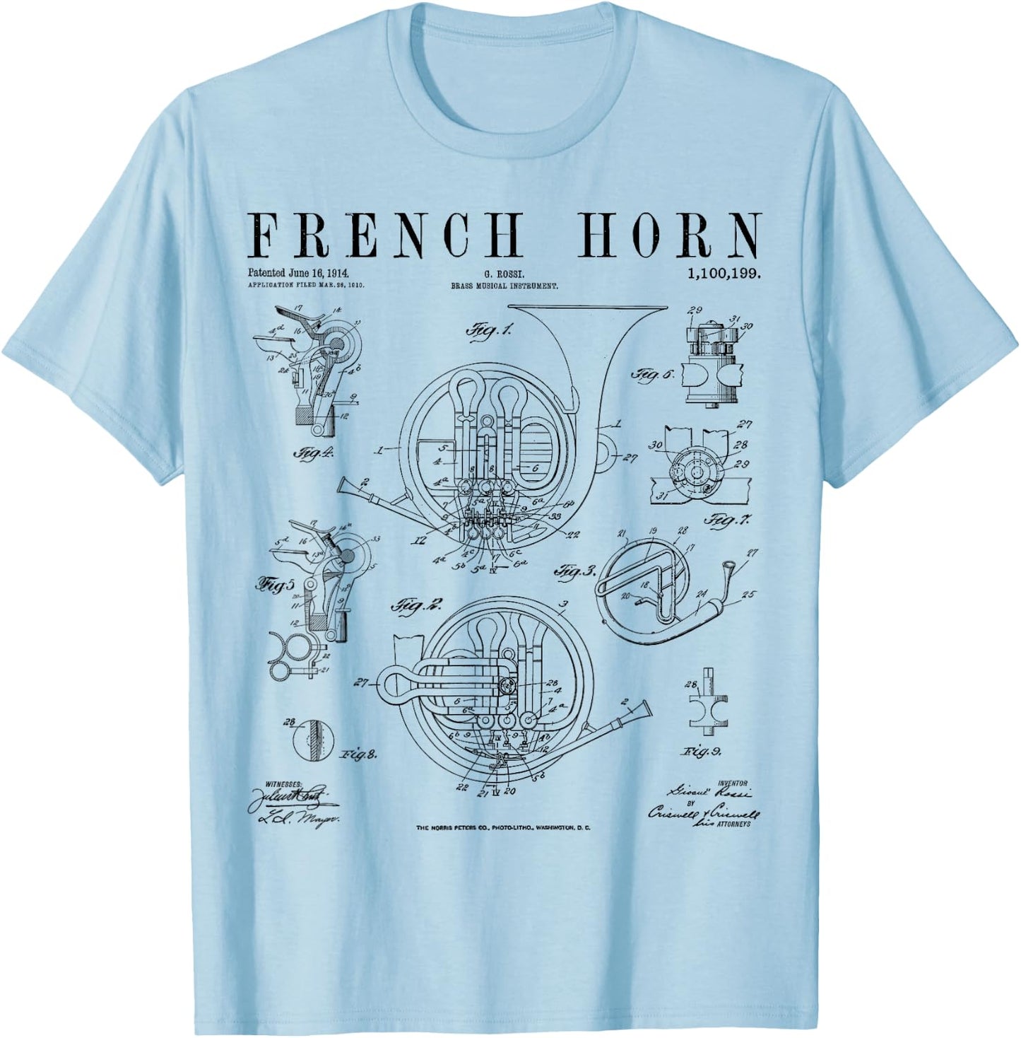 French Horn Old Vintage Antique Patent Drawing Print T-Shirt - T-Shirt | Light Blue