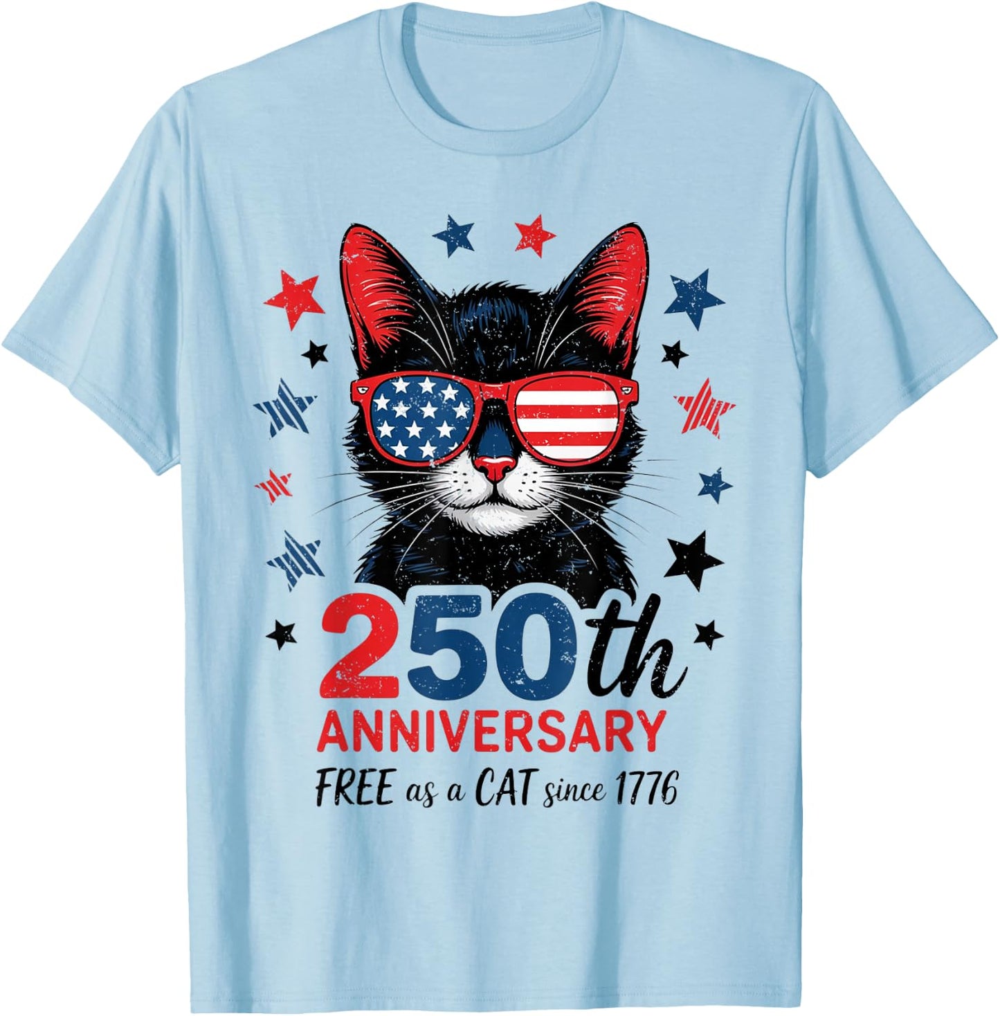 250th Anniversary America USA Flag Sunglasses Cat 250 Years T-Shirt - T-Shirt | Light Blue