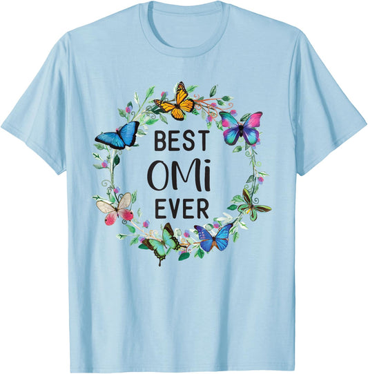 Best Omi Ever Butterfly Floral Personalized Name T-Shirt - T-Shirt | Light Blue