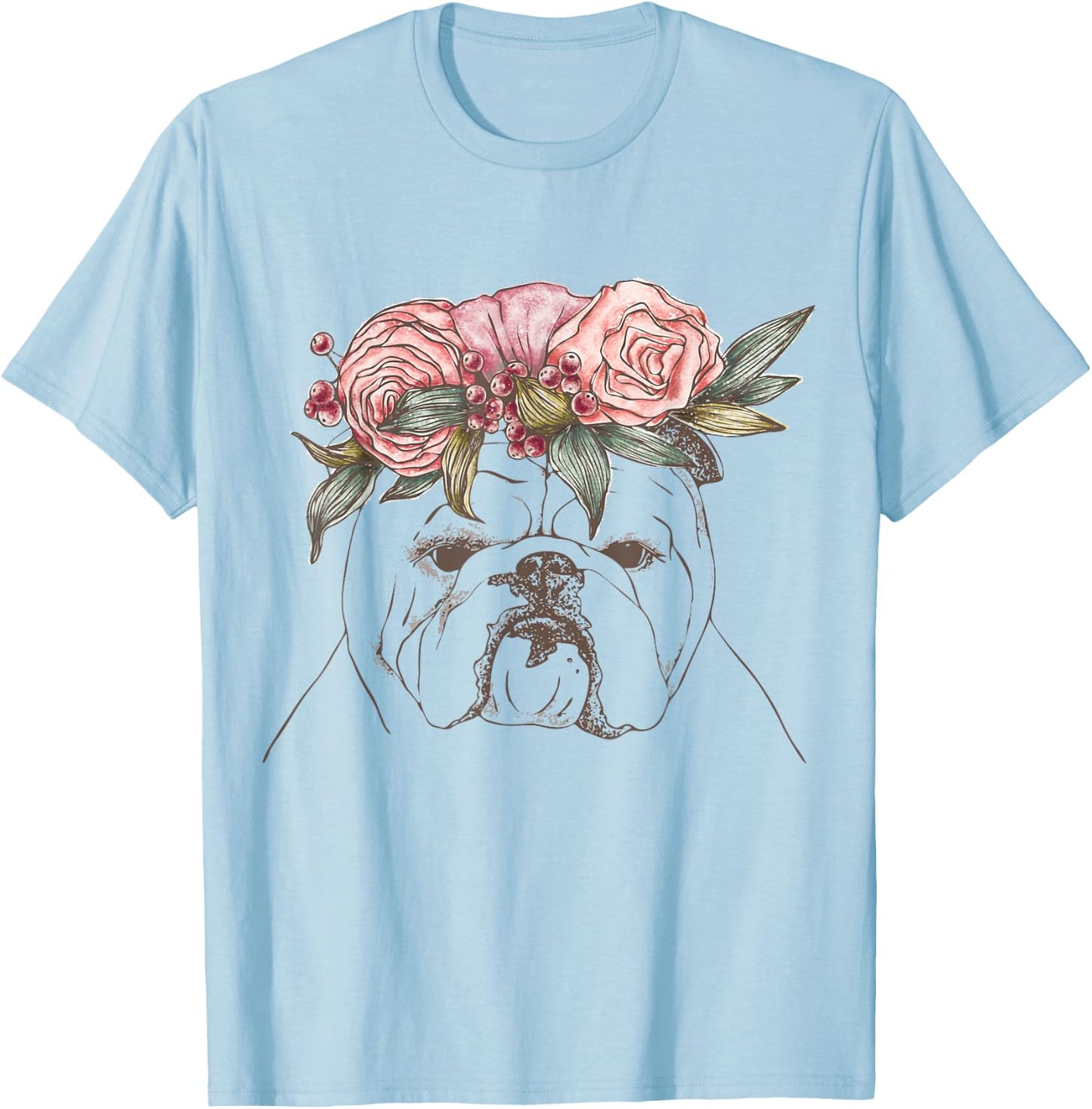 Outline with flowers English British Bulldog Women Girls Kids T-Shirt - T-Shirt | Light Blue