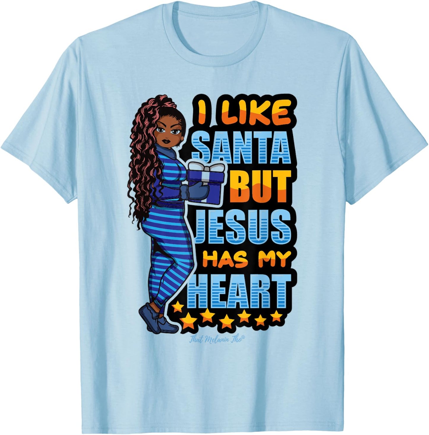 I Like Santa But Jesus Has My Heart Black Woman Christmas T-Shirt - T-Shirt | Light Blue