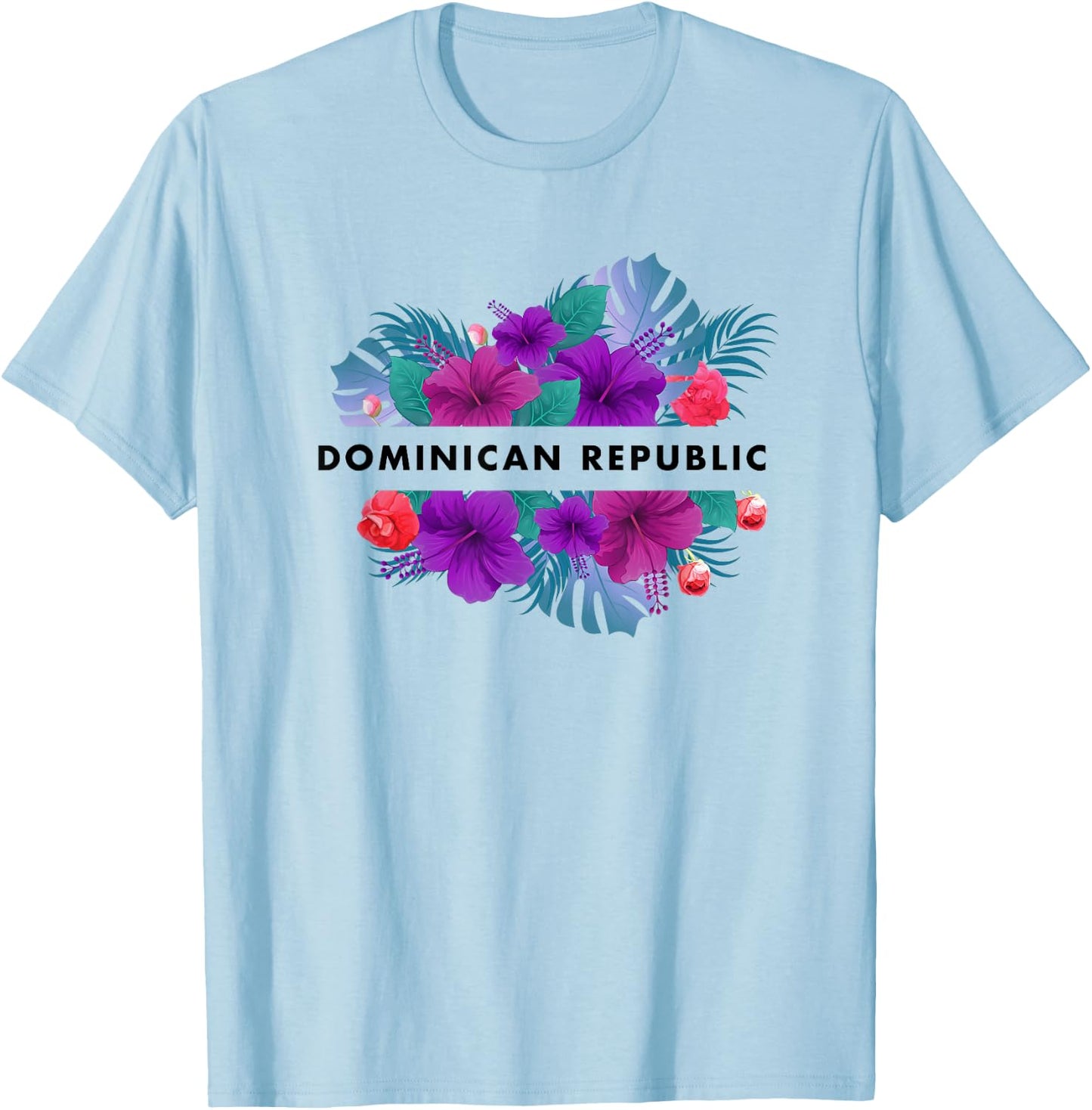 Flowers of Dominican Republic Black Text Vintage Boho T-Shirt - T-Shirt | Light Blue