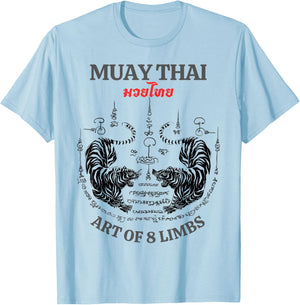 Sak Yant Twin Tiger - Muay Thai Magical Tattoo Strength T-Shirt - T-Shirt | Light Blue
